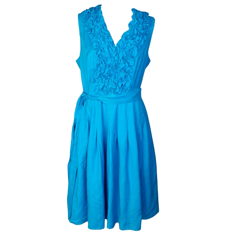 Jessica Howard Aqua Blue Sleeveless Dress Size 14 Ruffle V-Neck Tie Vintage 90s